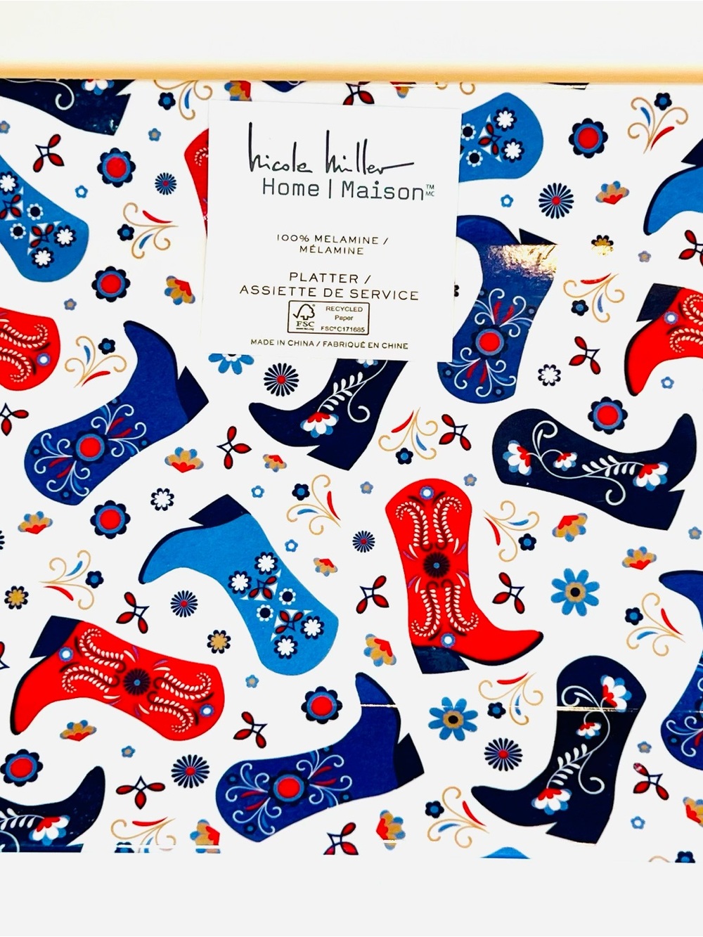 Patriotic Melamine Platter Red & Blue Western Cowgirl Cowboy Boots Americana